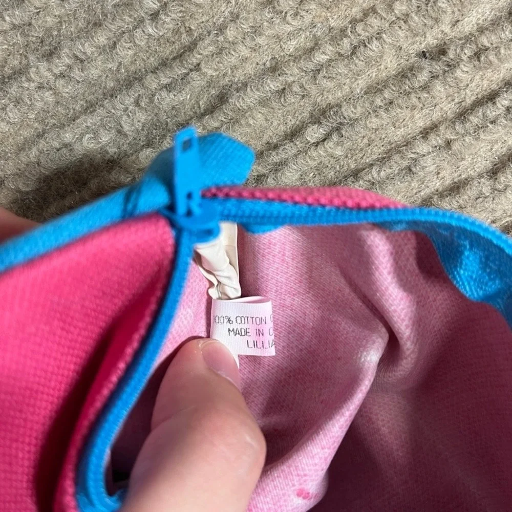 Lillian Vernon Pink Canvas Barrel Pencil Case Blue Trim Zipper Pouch Organizer